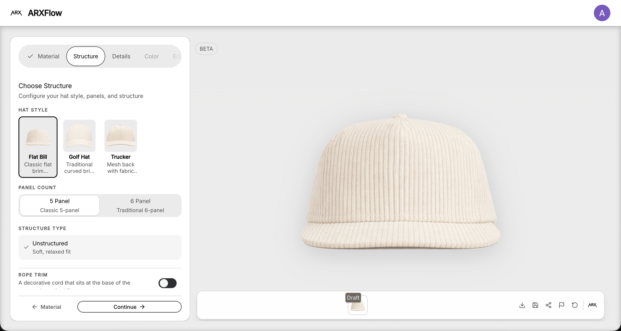 Arx Structure step — pick hat style, panel count, structure, and rope trim